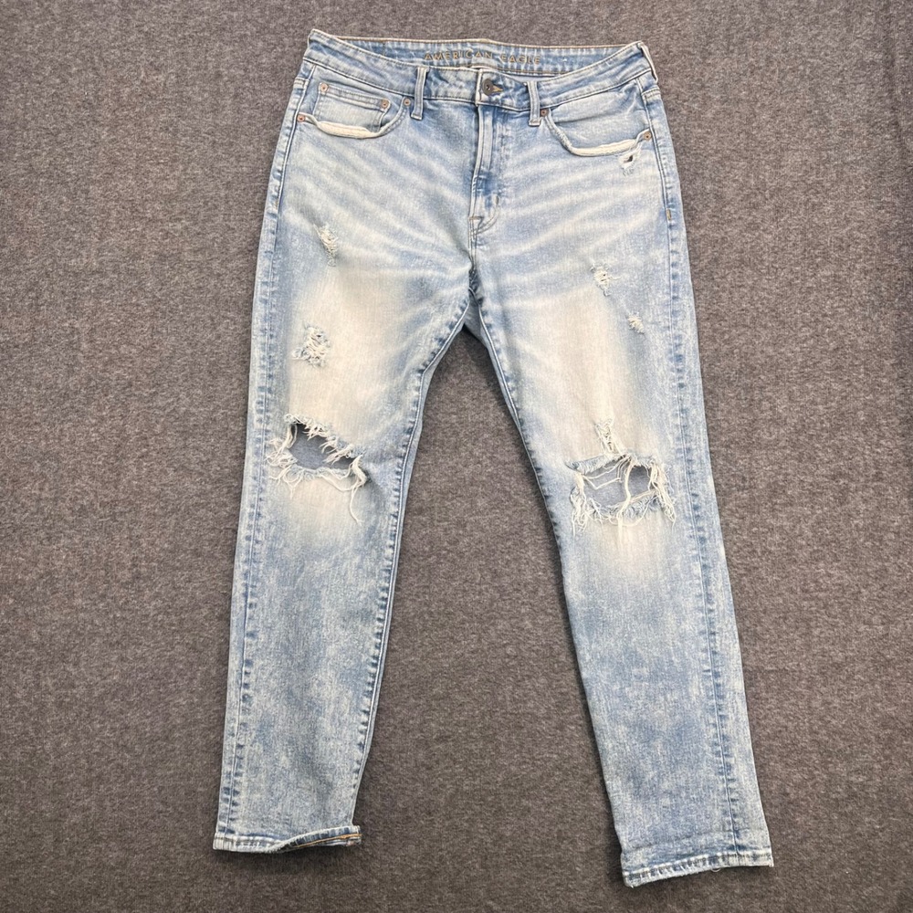 American Eagle Flex Skinny Jeans Mens 34 Light Wash Distressed Ripped Denim